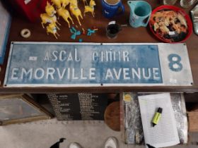 Emorville Avenue alloy bi-lingual street sign. {26 cm H x 100 cm W}.