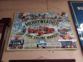 Merryweather Fire Engine Makers tin plate advertising sign. {50 cm H x 70 cm W}.