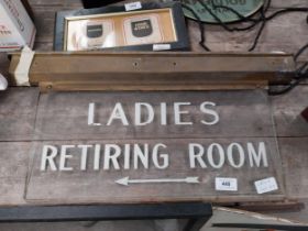 1930's Glass and metal Ladies Retiring Room double sided hanging sign. {28 cm H x 55 cm W}.