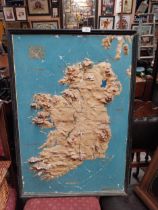 Framed moulded and raised plaster map of Ireland in need of restoration. {90 cm H x 63 cm W}.