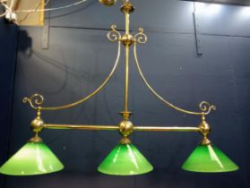 19th C. snooker table light wth three green glass shades {Hanging 130cm x W 125cm x D 30cm }.