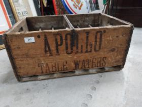 Apollo Table Waters wooden advertising box. {25 cm H x 56 cm W x 26 cm D}