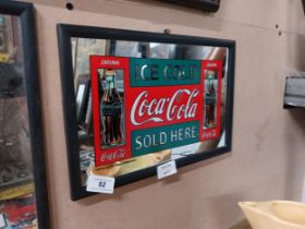 Ice Cold Coca Cola Sold Here framed advertising mirror. {22 cm H x 32 cm W}.