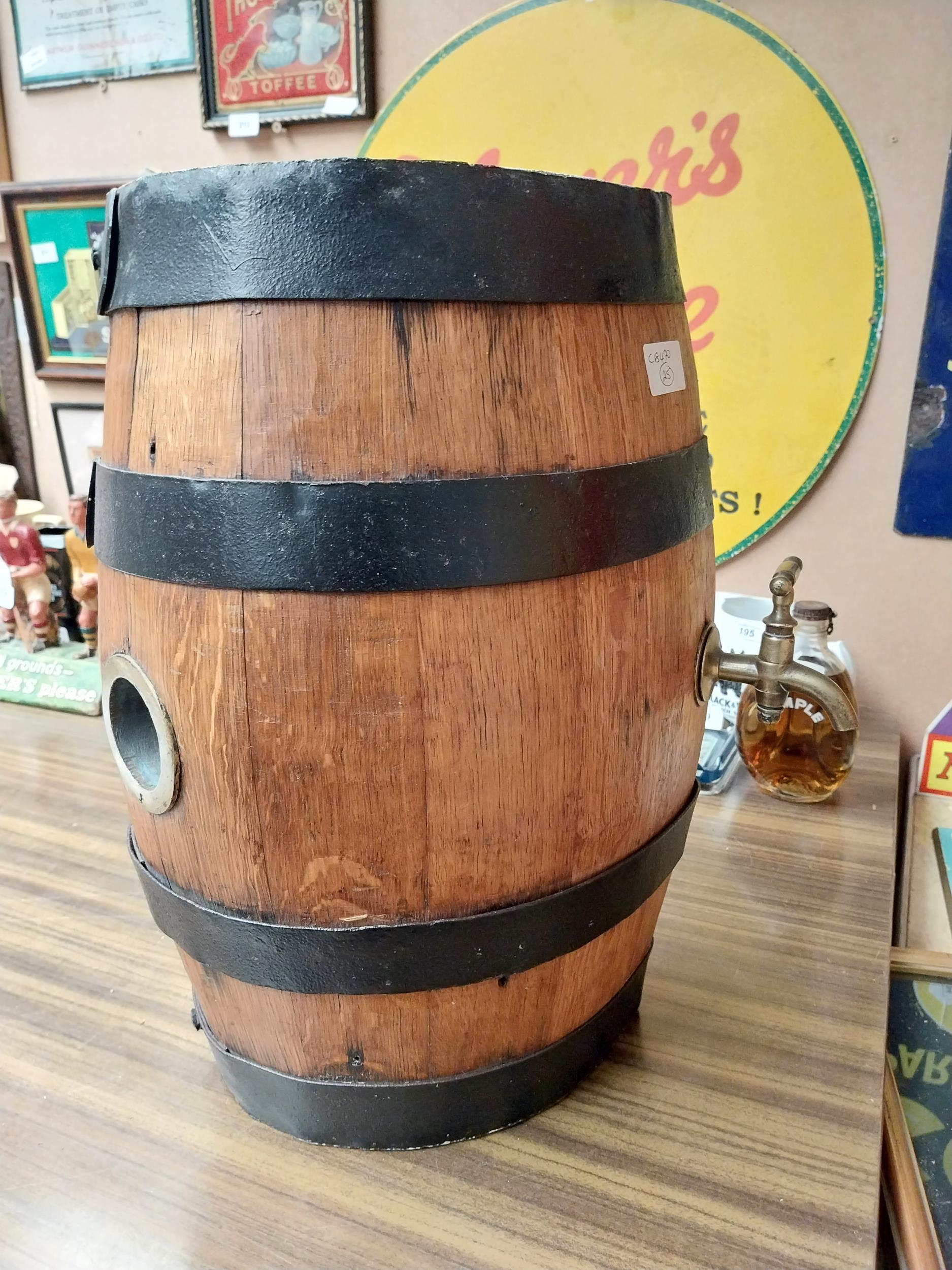 Unusual early 20th C. metal bound whiskey barrel. {42 cm H x 26 cm W x 36 cm D}. - Image 2 of 6