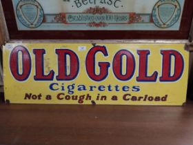 Old Gold Cigarettes Not a Cough in a Carload enamel advertising sign. {30 cm H x 92 cm W}.