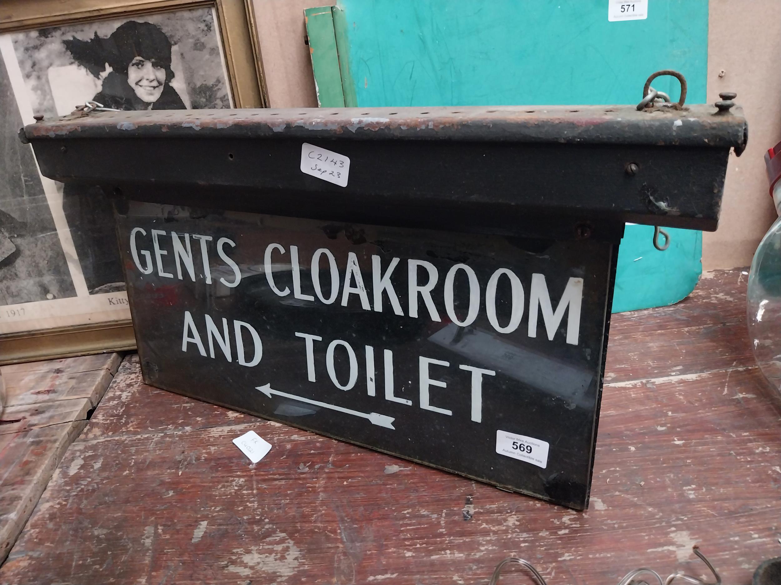 1930's Metal and glass Gents cloakroom and toilet hanging sign. {38 cm H x 57 cm W}.