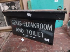 1930's Metal and glass Gents cloakroom and toilet hanging sign. {38 cm H x 57 cm W}.