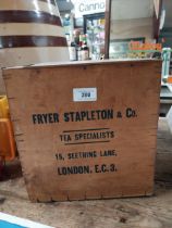 Fryer Stapleton & Co. Tea Specialists London wooden advertising box {26 cm H x 26 cm W x 26 cm D}.