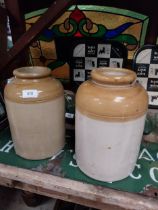 Two 19th C stoneware storage jars. {31 cm H x 17 cm Dia.} and {27 cm H x 16 cm Dia.}.