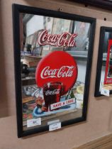 Coca Cola framed advertising mirror. {23 cm H x 22 cm W}.