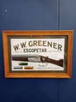 W.W Greener Rifles framed advertising sign {H 33cm x W 48cm }.