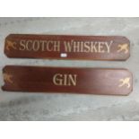Scotch Whiskey {18 cm H x 90 cm W} and Gin {19 cm H x 88 cm W} with damage wooden advertising sign.