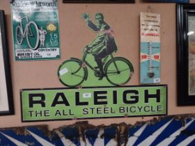 Raleigh All Steel Bicycle tin plate advertising sign. {50 cm H x 70 cm W}.