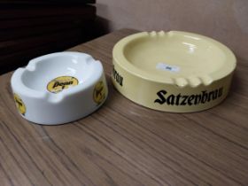 Satzenbrau ceramic advertising ashtray {5 cm H x 20 cm Dia.} and Penn 1 glass ashtray. {4 cm H x