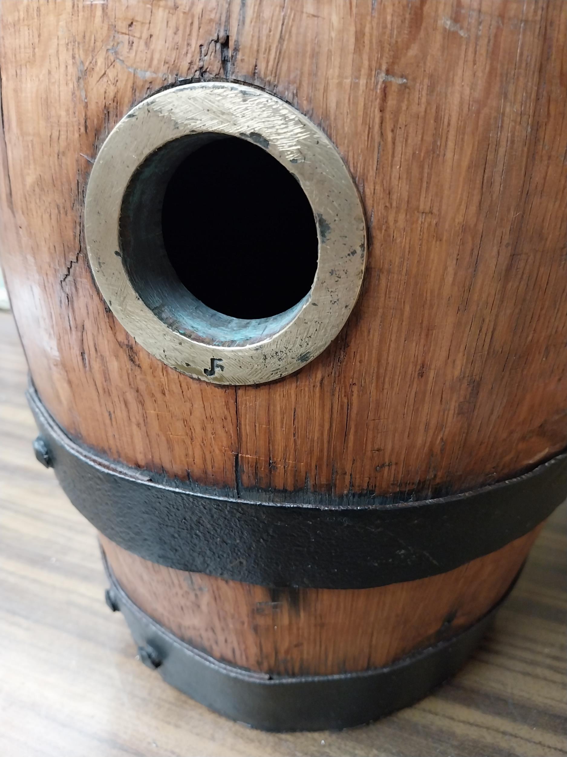 Unusual early 20th C. metal bound whiskey barrel. {42 cm H x 26 cm W x 36 cm D}. - Image 4 of 6