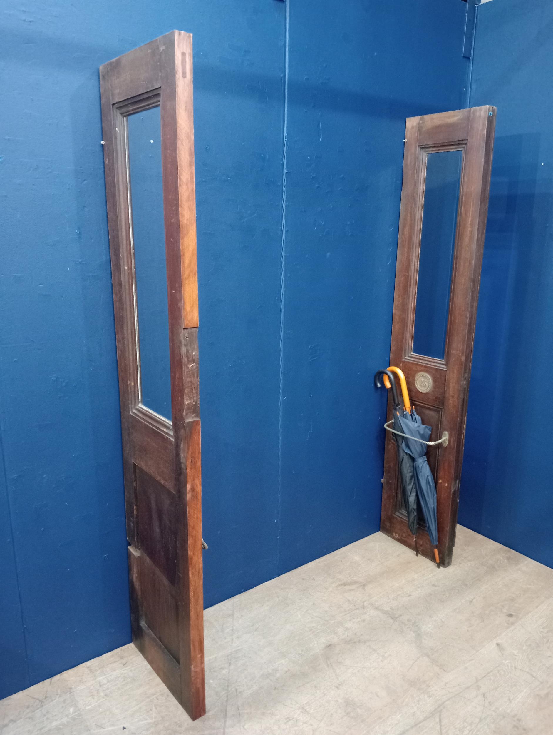 Pair of wooden carriage dividers with glazed panels and brass numbers 47-23 {Each H 185cm x W 5cm - Image 4 of 6