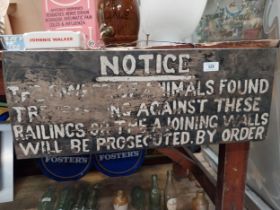 1930's Trespassers will be prosecuted painted wooden board. {35 cm H x 63 cm W}.