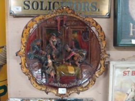 19th C. John Dewar and Sons Whiskey Distillers plaster plaque depicting interior pub scene. {40 cm