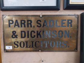 Late 20th C. Parr, Sadler and Dickinson's Solicitors brass wall plaque. {23 cm H x 44 cm}