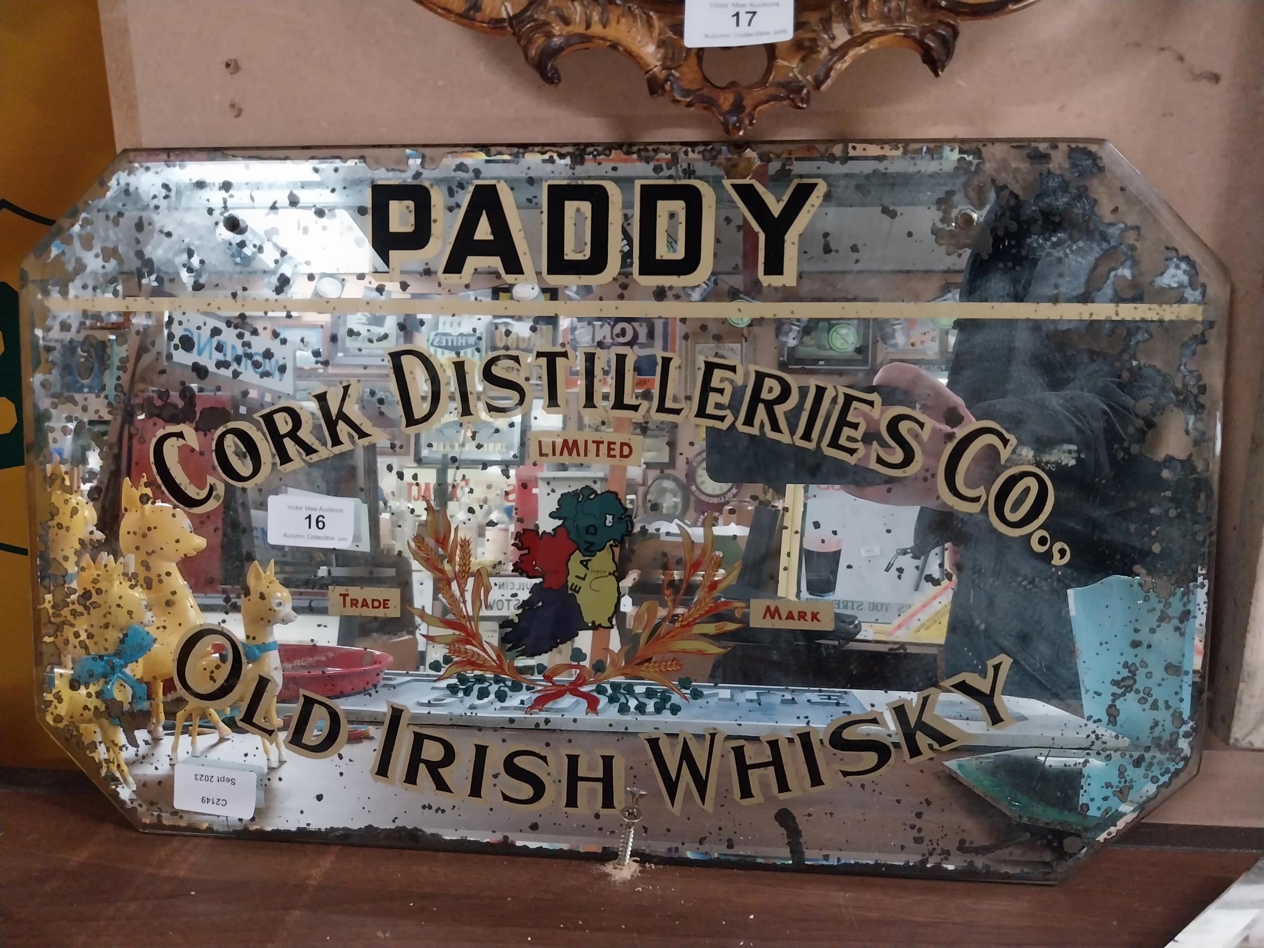 Paddy Whiskey Cork Distillers Advertising mirror. {31 cm H x 51 cm W}.