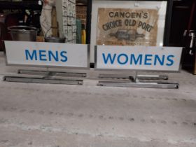 Two 1970's drapery shop Men and Women display signs. {30 cm H x 60 cm W x 22 cm D}