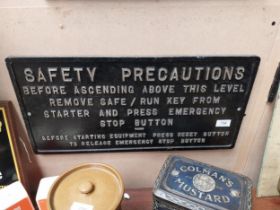 Safety Precautions Railway alloy sign. {28 cm H x 56 cm W}.