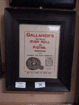 Gallagher's Irish Roll and Pigtail tobacco advertising print in wooden frame. {30 cm H x 24 cm W}.