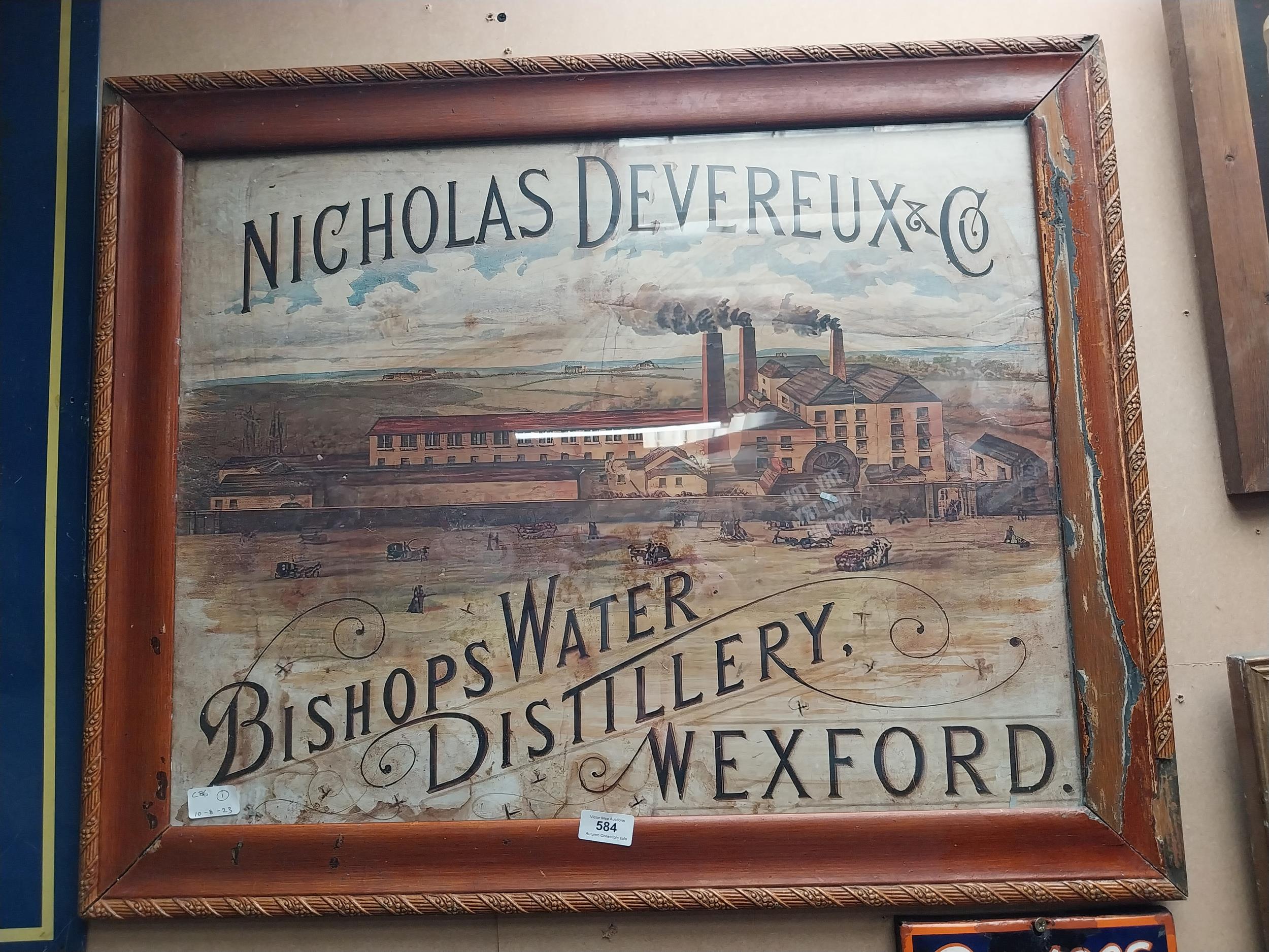 Nicholas Deveraux and Co Bishops water Distillery Wexford framed advertising print. {64 cm H x 76 cm