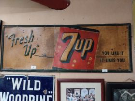 Fresh Up with 7 Up tin plate advertising sign. {49 cm H x 104 cm W}.