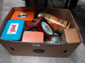 Box of thirteen old advertising tins - various soap powders and Chocolate.