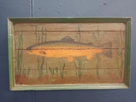 Trout handpainted on board {H 45cm x W 77cm x D 6cm }.