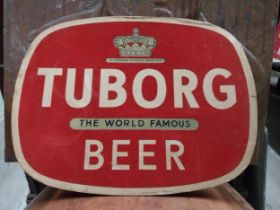 Tuborg Beer cardboard counter advertising showcard. {24 cm H x 31 cm W}.