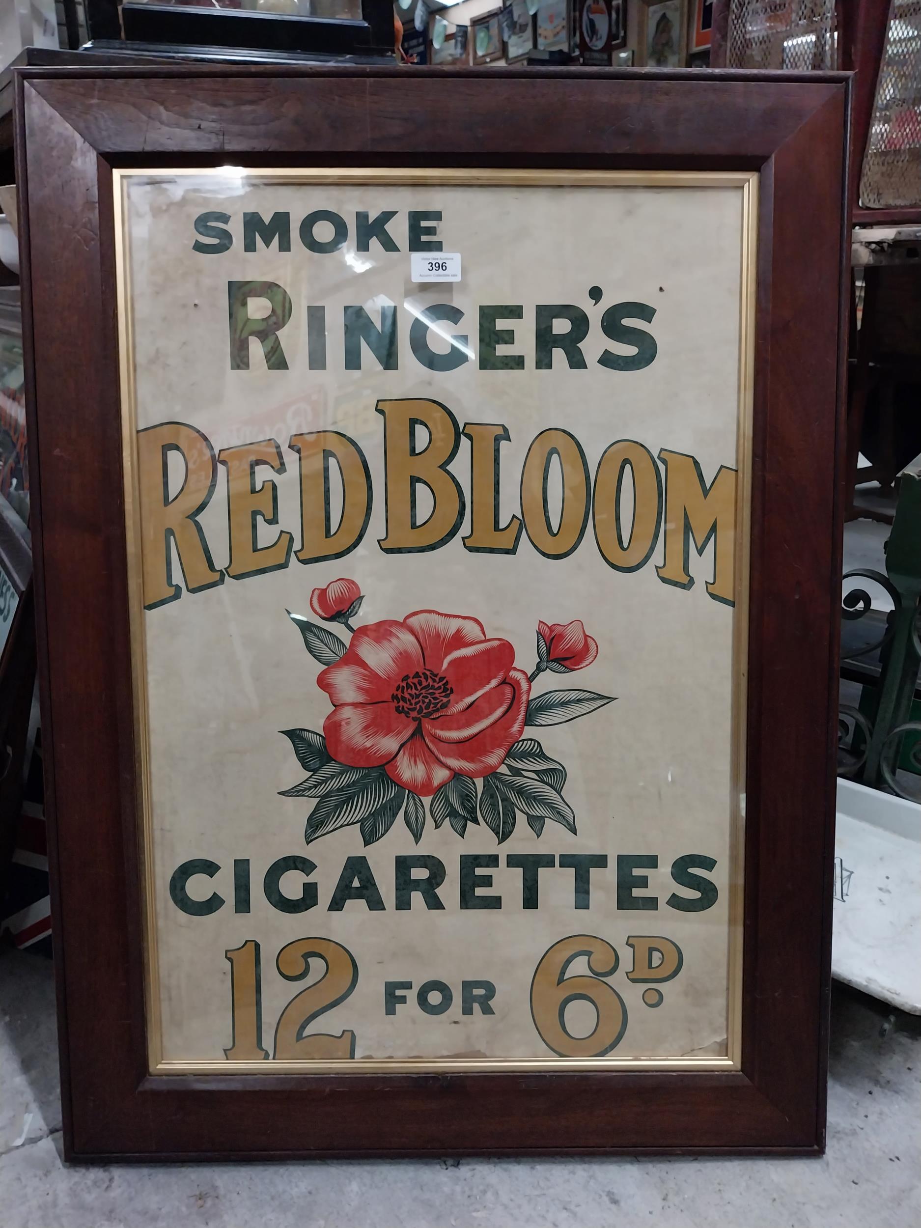 Framed Smoke Ringer's Red Bloom Cigarettes advertising showcard. {87 cm H x 64 cm W}.