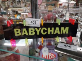Perspex Babycham advertising shelf sign. {6 cm H x 20 cm W}.