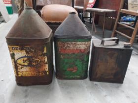 Three oil drums - Esso Agricastrol, Duckham's and another. {51 cm H x 26 cm W x 26 cm D} and {32