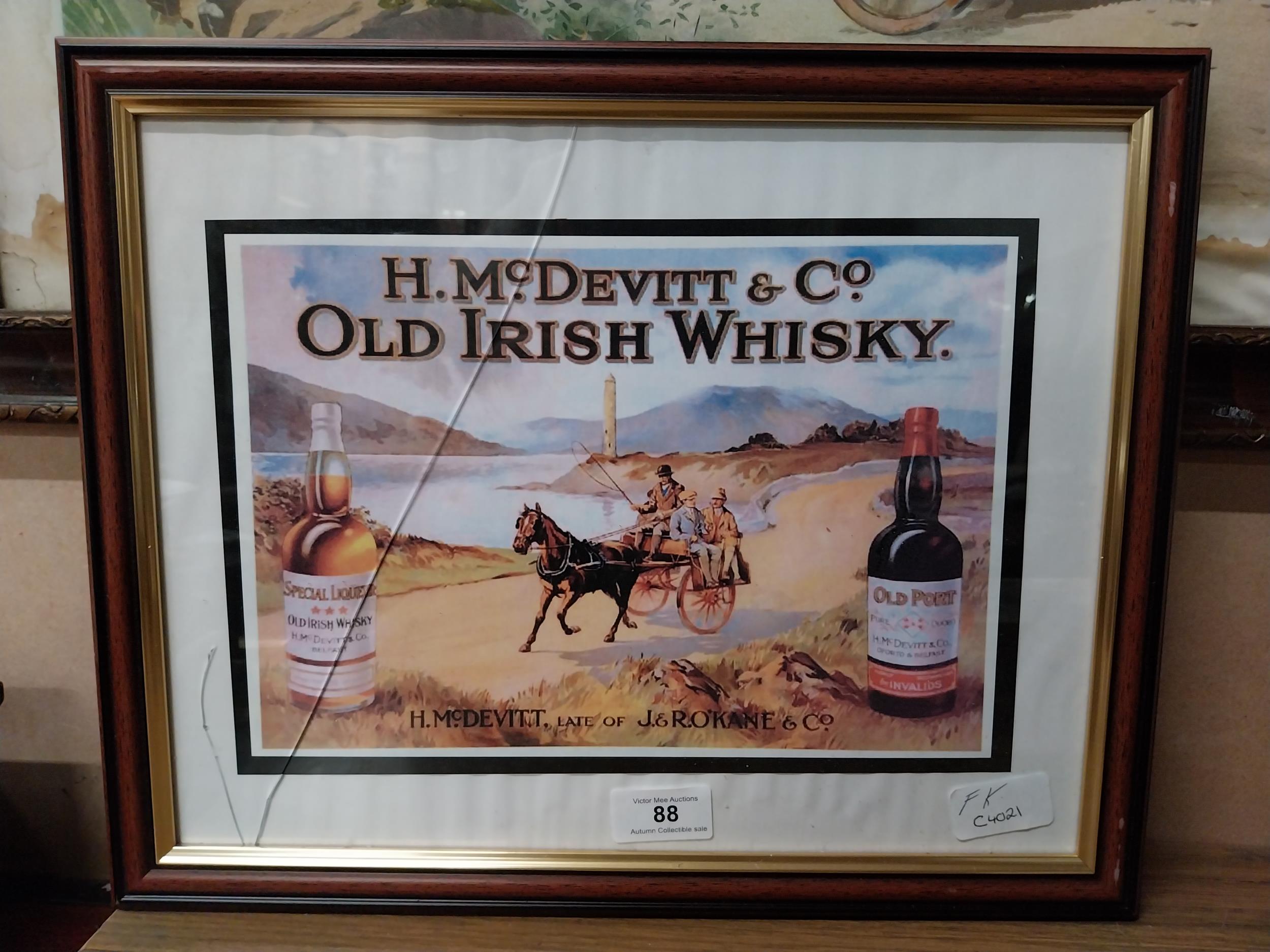 McDevitt and Co Old Irish Whiskey framed advertising print. {32 cm H x 40 cm W}.
