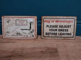 Please adjust your dress before leaving and please be seated while peeing metal signs. {20 cm H x 30