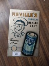 Neville's Health Salt for General Fitness tin plate advertising sign. {23 cm H x 15 cm W}.