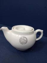 Peter Walker and Co Warrington ceramic teapot with hotel crest {H 9cm x W 17cm x D 11cm }.