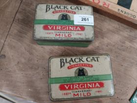 Two Black Cat Mild Tobacco advertising tins. {4 cm H x 11 cm W x 8 cm D}.