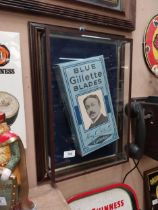 Blue Gillette Blades framed advertising packet. {52 cm H x 47 cm W}.