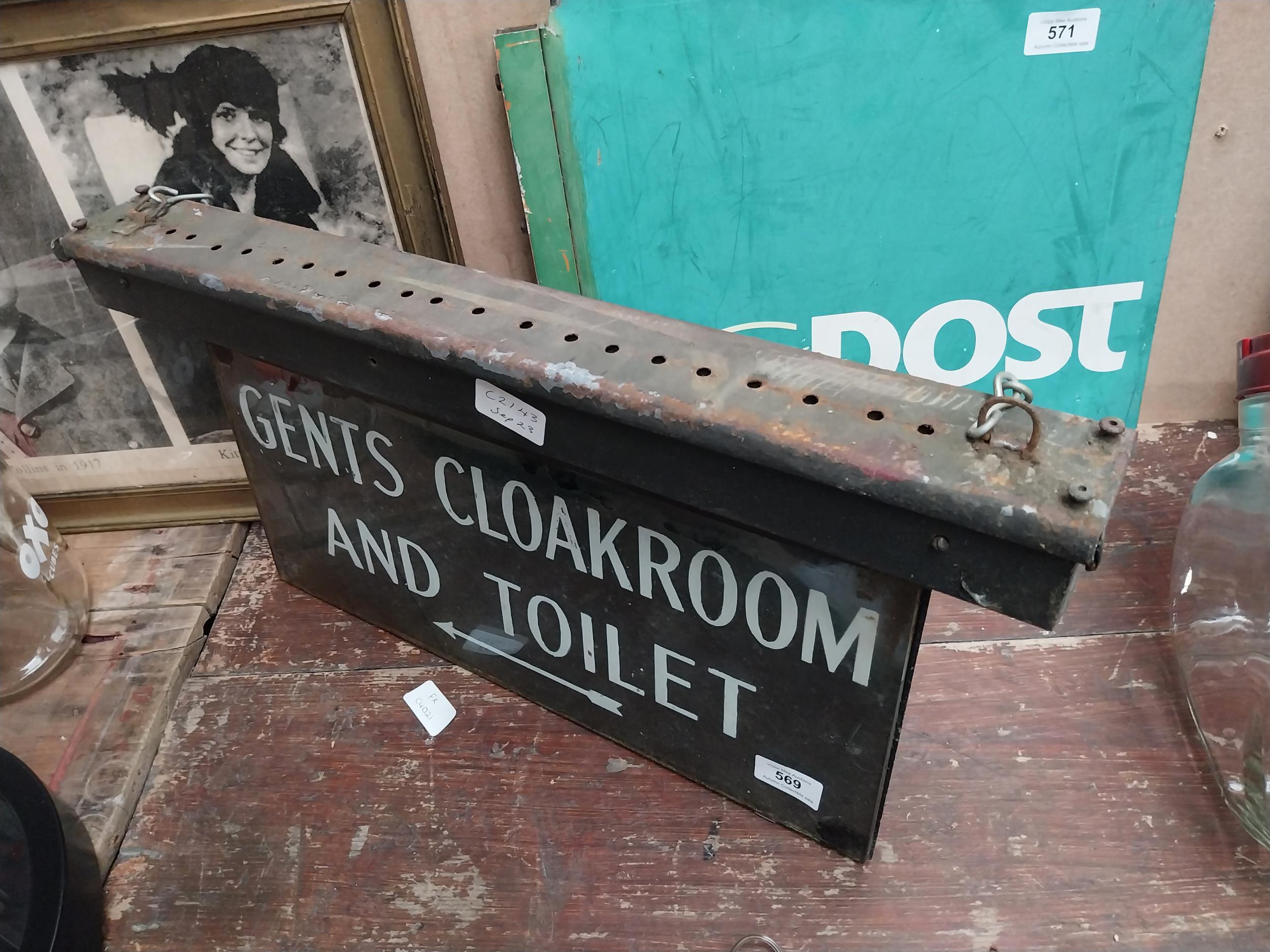 1930's Metal and glass Gents cloakroom and toilet hanging sign. {38 cm H x 57 cm W}. - Image 2 of 3