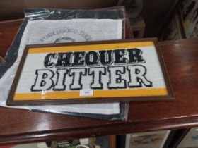 Chequer Bitter framed beer towel. {24 cm H x 47 cm W}.