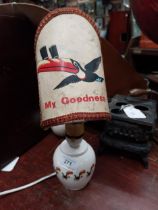 1950's ceramic Guinness Toucan lamp with original clip on shade. {33 cm H x 10 cm Dia.}.