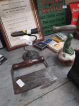 19th C. metal and wood tobacco cutter. {16 cm H x 19 cm W} and goffering iron {18 cm H x 34 cm W}.