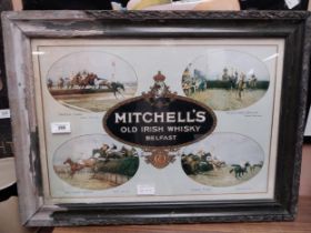 Mitchell's Old Irish Whiskey Belfast coloured advertising print in wooden frame. {44 cm H x 60 cm
