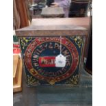 Huntley and Palmers Biscuit lidded advertising tin. {34 cm H x 34 cm W x 34 cm D}.