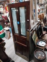 Pair of 1970's double mahogany pub doors with glass BAR panels with brass handles. {200 cm H x 142