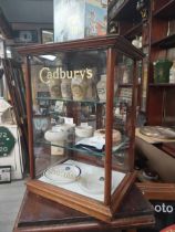 19th C. mahogany counter top shop Cadbury's Chocolates display cabinet. {61 cm H x 42 cm W x 37 cm