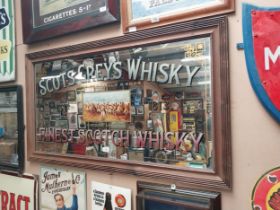 Scots Greys Whisky Finest Scotch Whisky framed advertising mirror. {67 cm H x 119 cm W}